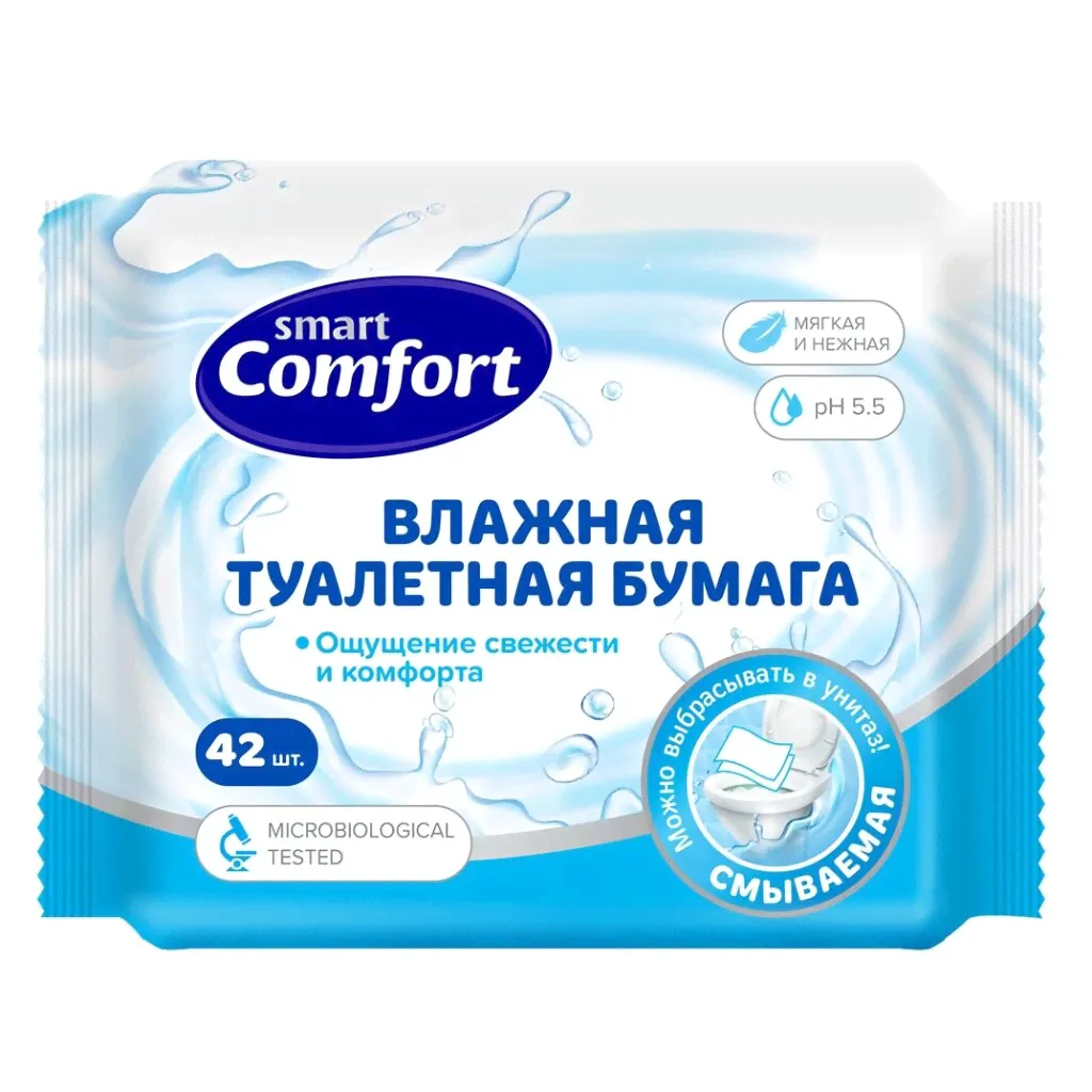 Туалетная бумага влажная Comfort Smart, 1 слой, 42 шт-0